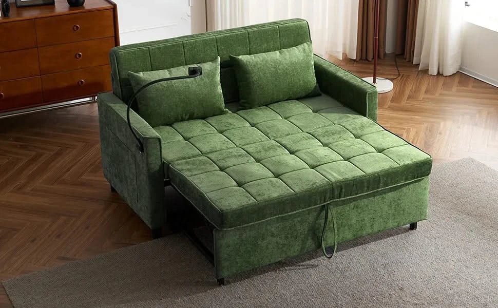 Convertible Loveseat Sofa Bed with Adjustable Backrest, USB Ports, Phone Holder, Side Pockets, Green Chenille, 56.9' Default -DTYStore