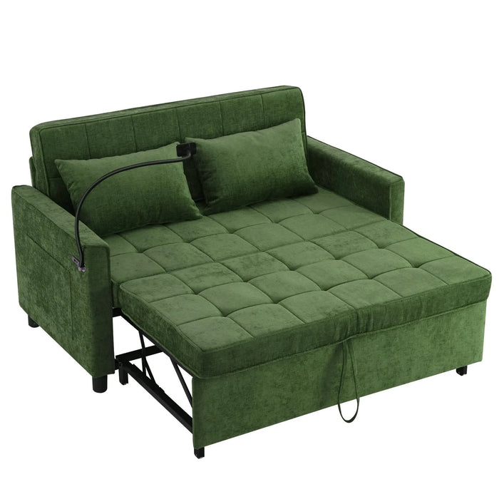 Convertible Loveseat Sofa Bed with Adjustable Backrest, USB Ports, Phone Holder, Side Pockets, Green Chenille, 56.9' Default -DTYStore