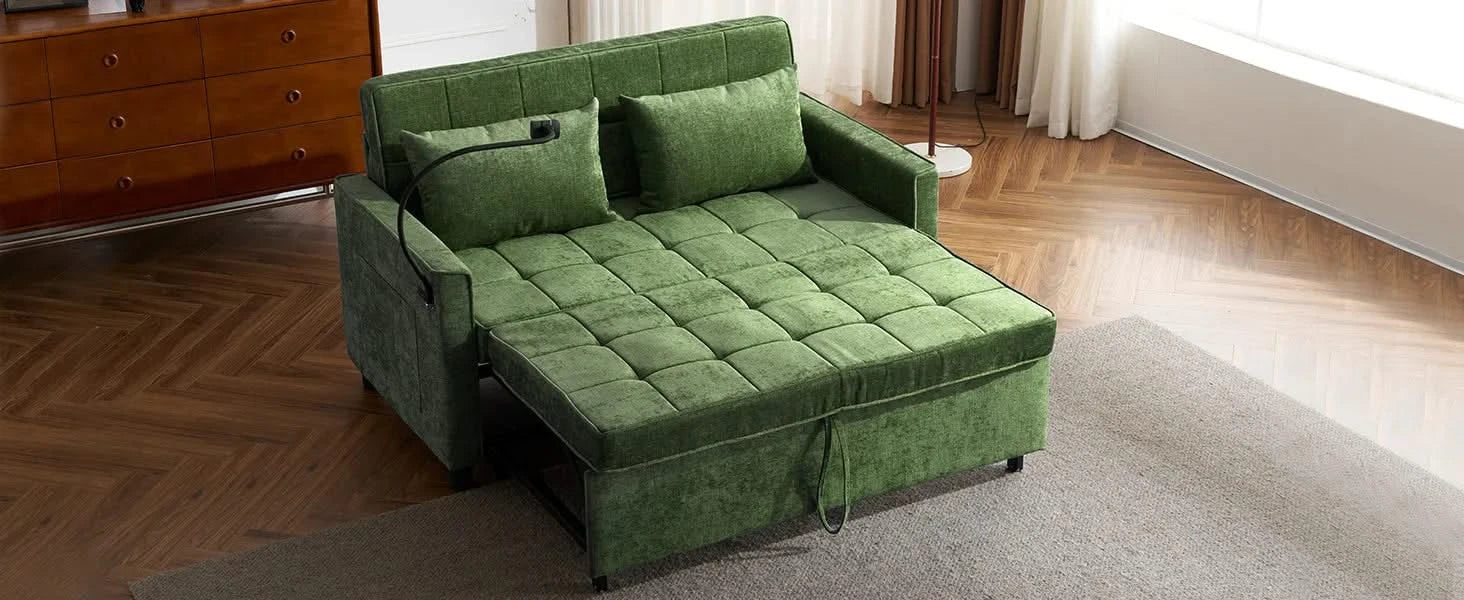 Convertible Loveseat Sofa Bed with Adjustable Backrest, USB Ports, Phone Holder, Side Pockets, Green Chenille, 56.9' Default -DTYStore