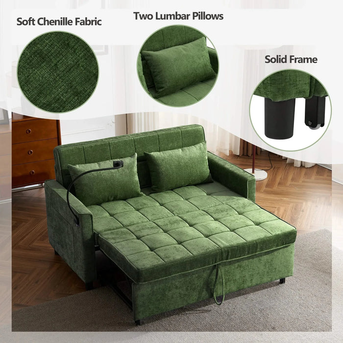 Convertible Loveseat Sofa Bed with Adjustable Backrest, USB Ports, Phone Holder, Side Pockets, Green Chenille, 56.9' Default -DTYStore