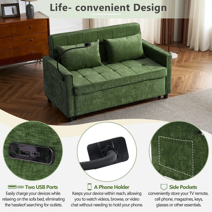 Convertible Loveseat Sofa Bed with Adjustable Backrest, USB Ports, Phone Holder, Side Pockets, Green Chenille, 56.9' Default -DTYStore