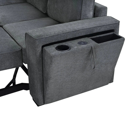 Convertible Sectional Sofa Bed 83.9' L-Shaped Sofa with Dual Pull-Out Sleepers, Flip-Top Table, USB Ports, Cup Holder & Storage, Dark Gray Chenille Default -DTYStore