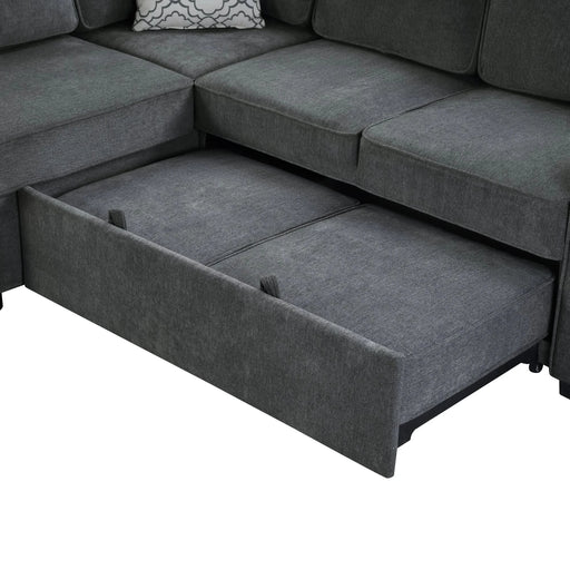 Convertible Sectional Sofa Bed 83.9' L-Shaped Sofa with Dual Pull-Out Sleepers, Flip-Top Table, USB Ports, Cup Holder & Storage, Dark Gray Chenille Default -DTYStore