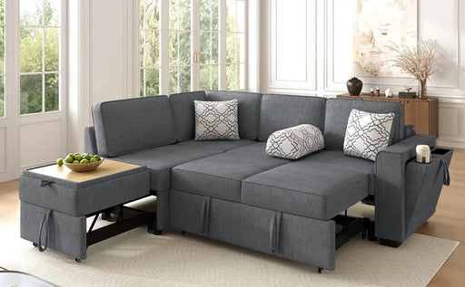 Convertible Sectional Sofa Bed 83.9' L-Shaped Sofa with Dual Pull-Out Sleepers, Flip-Top Table, USB Ports, Cup Holder & Storage, Dark Gray Chenille Default -DTYStore