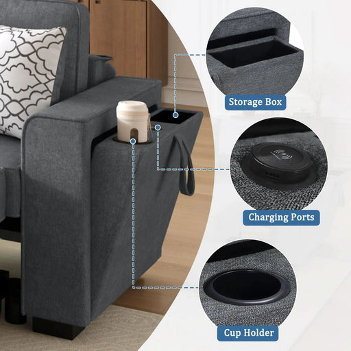Convertible Sectional Sofa Bed 83.9' L-Shaped Sofa with Dual Pull-Out Sleepers, Flip-Top Table, USB Ports, Cup Holder & Storage, Dark Gray Chenille Default -DTYStore