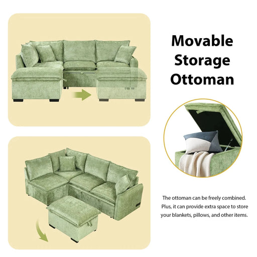 Convertible Sofa Bed Sectional Sofa Sleeper with Storage Ottoman, Green Chenille, 82.67 inches Default -DTYStore
