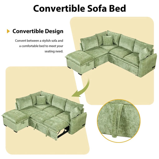 Convertible Sofa Bed Sectional Sofa Sleeper with Storage Ottoman, Green Chenille, 82.67 inches Default -DTYStore