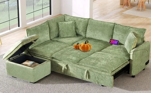 Convertible Sofa Bed Sectional Sofa Sleeper with Storage Ottoman, Green Chenille, 82.67 inches Default -DTYStore