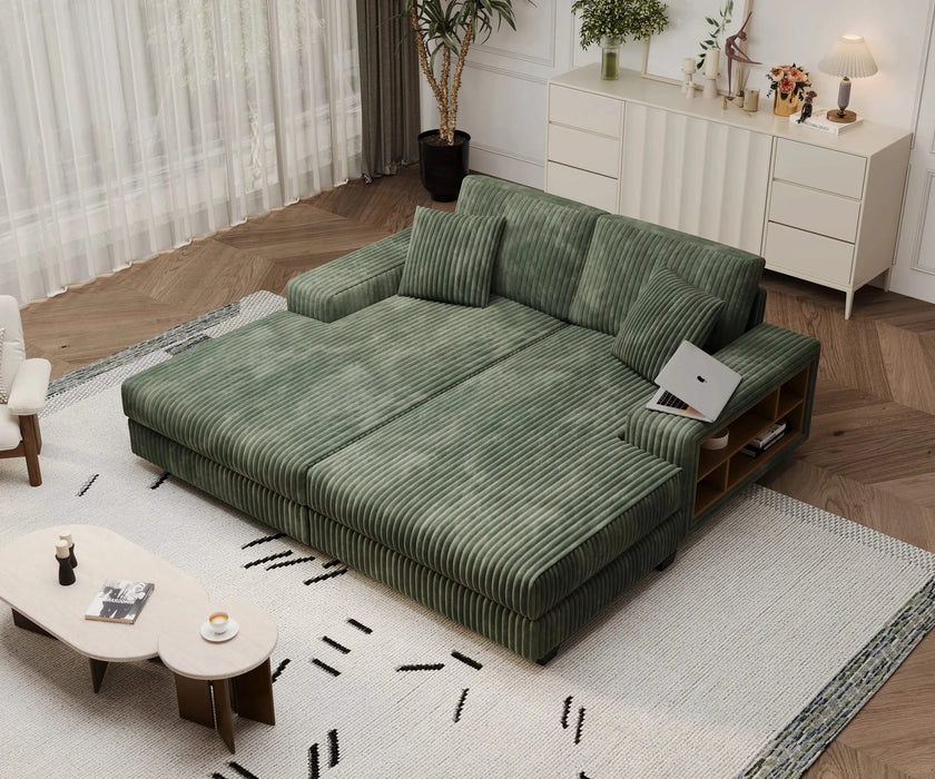 Convertible combination sofa, corduroy fabric, fluffy modern sleeper sofa chair, oversized combination living room double lounge chair, Green Default -DTYStore