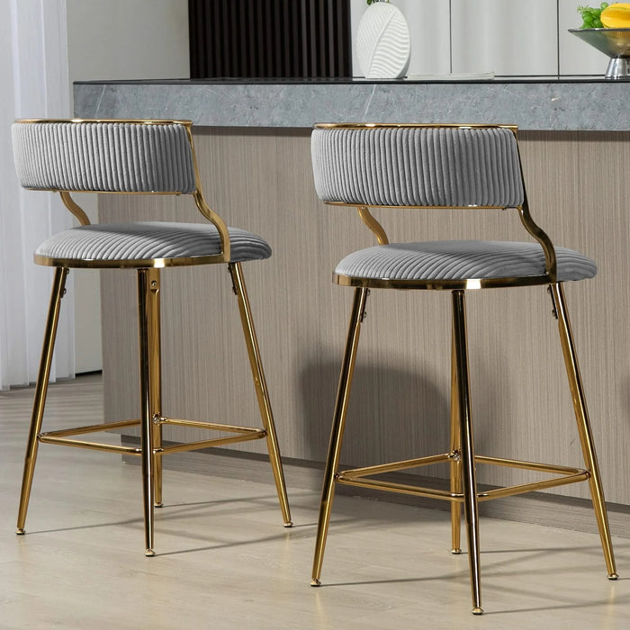 Corduroy Counter Height Bar Stools with Back and Golden Chromed Base, Grey, Set of 2 Default -DTYStore