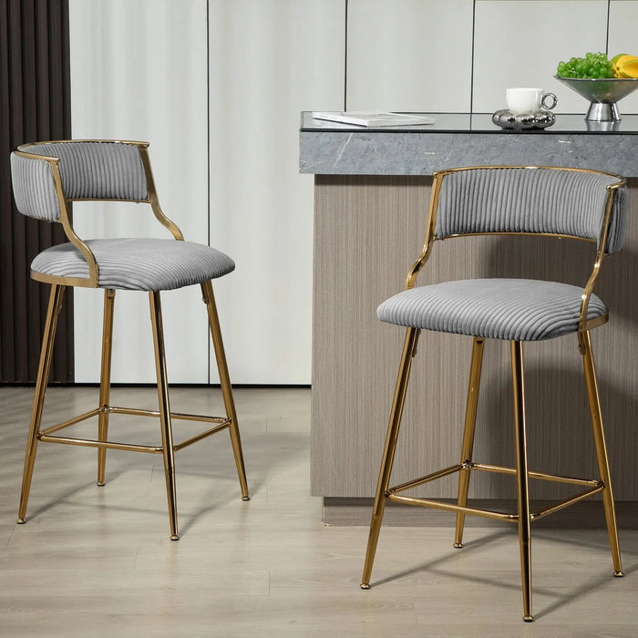 Corduroy Counter Height Bar Stools with Back and Golden Chromed Base, Grey, Set of 2 Default -DTYStore
