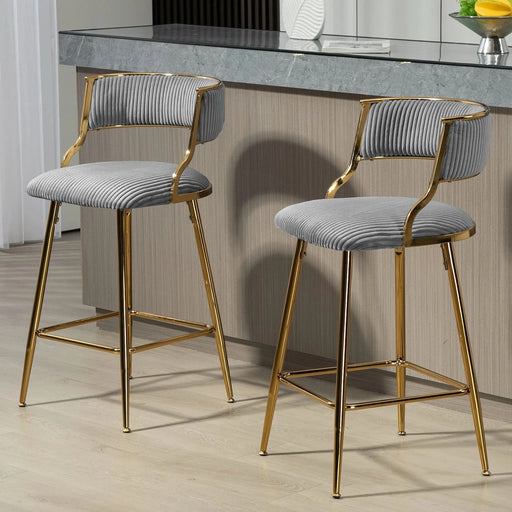Corduroy Counter Height Bar Stools with Back and Golden Chromed Base, Grey, Set of 2 Default -DTYStore