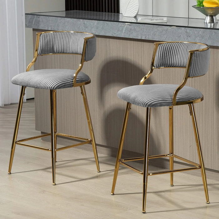 Corduroy Counter Height Bar Stools with Back and Golden Chromed Base, Grey, Set of 2 Default -DTYStore