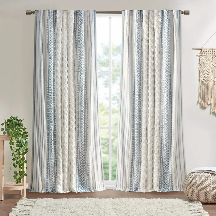 Cotton Printed Curtain Panel with Chenille Stripe and Lining 50x108' Default -DTYStore