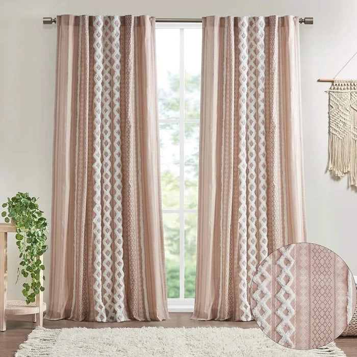 Cotton Printed Curtain Panel with Chenille Stripe and Lining Blush 50x84' Default -DTYStore