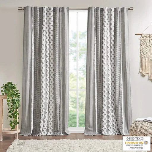 Cotton Printed Curtain Panel with Chenille Stripe and Lining Gray 50x84' Default -DTYStore