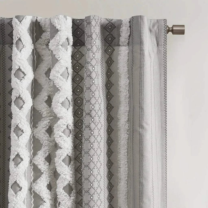 Cotton Printed Curtain Panel with Chenille Stripe and Lining Gray 50x84' Default -DTYStore