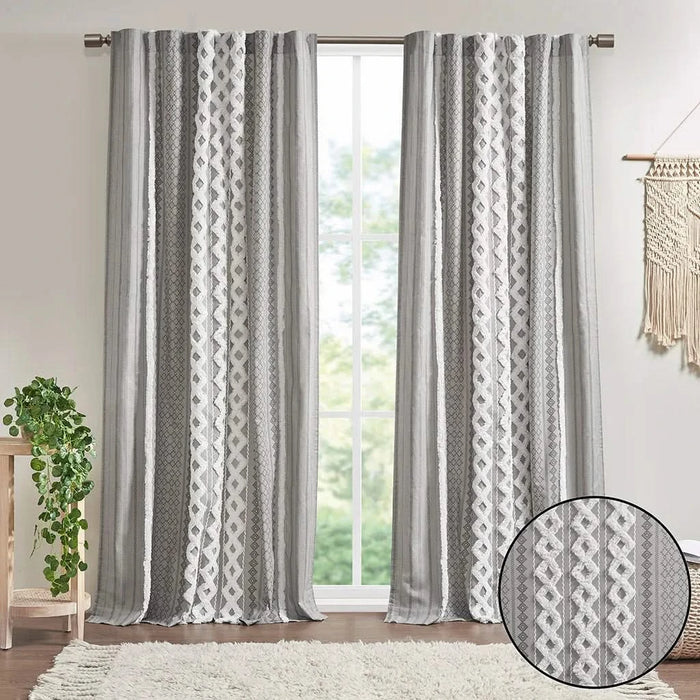 Cotton Printed Curtain Panel with Chenille Stripe and Lining Gray 50x84' Default -DTYStore