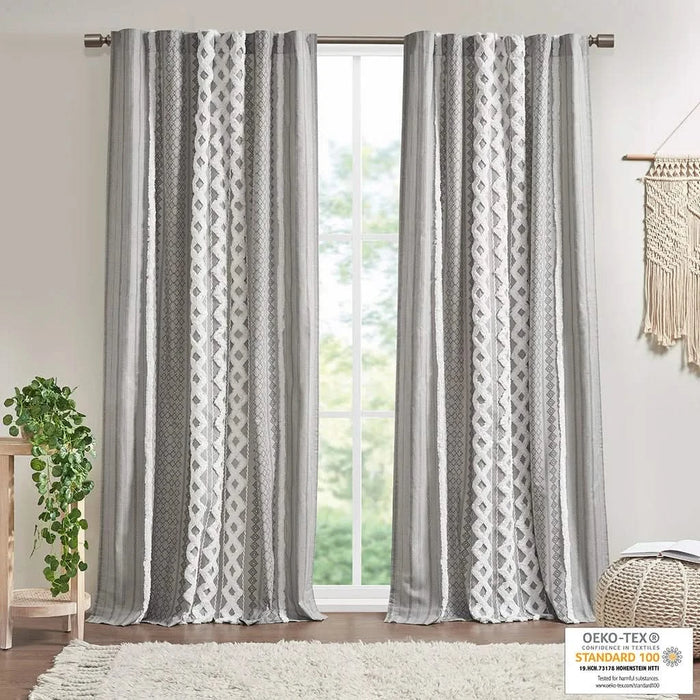 Cotton Printed Curtain Panel with Chenille Stripe and Lining Gray 50x95' Default -DTYStore