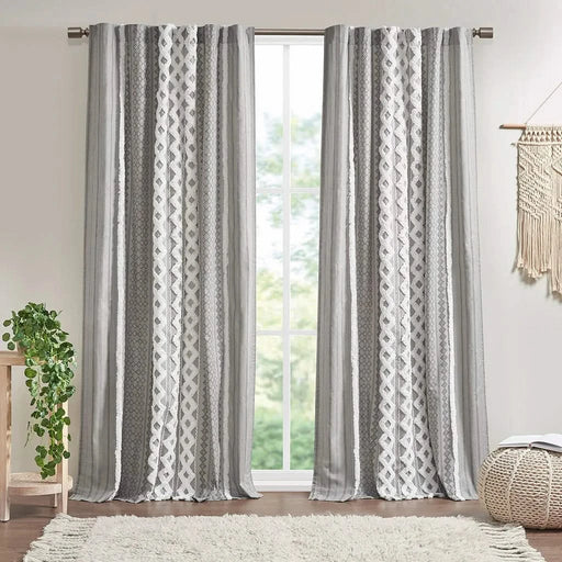 Cotton Printed Curtain Panel with Chenille Stripe and Lining Gray 50x95' Default -DTYStore