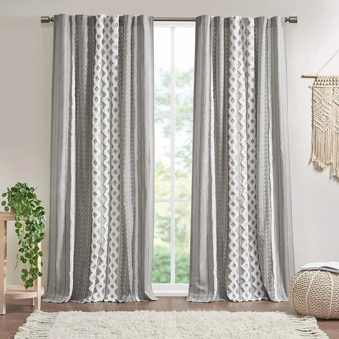 Cotton Printed Curtain Panel with Chenille Stripe and Lining Gray 50x95' Default -DTYStore