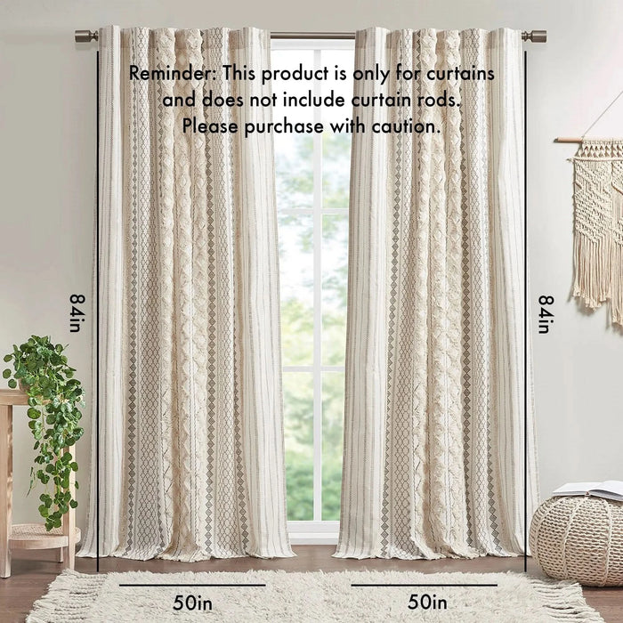 Cotton Printed Curtain Panel with Chenille Stripe and Lining Ivory 50x84' - DTY Store
