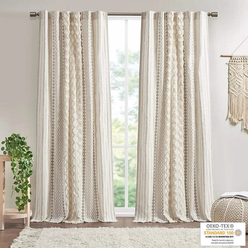 Cotton Printed Curtain Panel with Chenille Stripe and Lining Ivory 50x84' Default -DTYStore