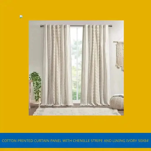 Cotton Printed Curtain Panel with Chenille Stripe and Lining Ivory 50x84' -DTYStore