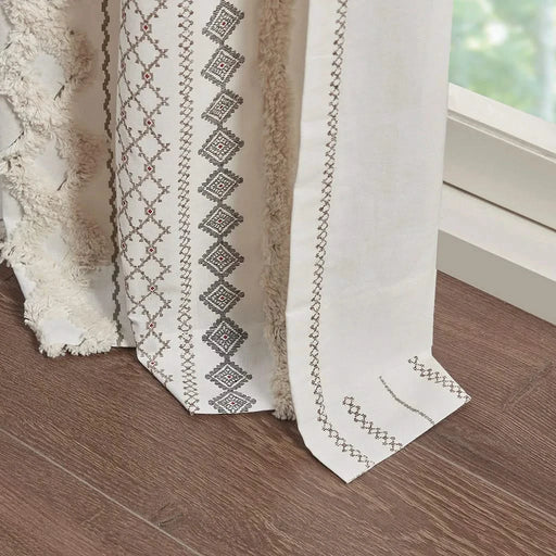 Cotton Printed Curtain Panel with Chenille Stripe and Lining Ivory 50x84' Default -DTYStore