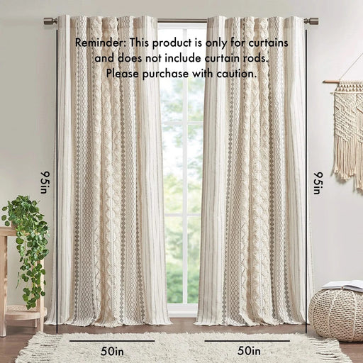 Cotton Printed Curtain Panel with Chenille Stripe and Lining Ivory 50x95' Default -DTYStore