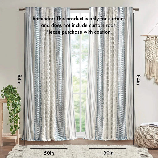 Cotton Printed Curtain Panel with Chenille Stripe and Lining White/Navy 50x84' Default -DTYStore