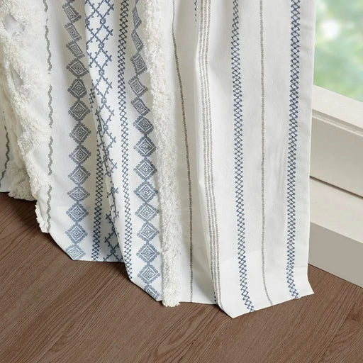Cotton Printed Curtain Panel with Chenille Stripe and Lining White/Navy 50x84' Default -DTYStore