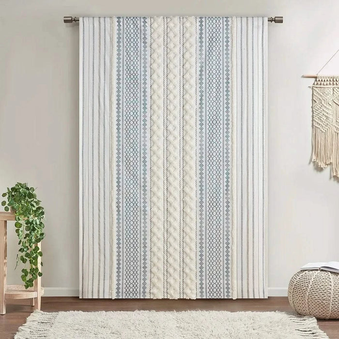 Cotton Printed Curtain Panel with Chenille Stripe and Lining White/Navy 50x84' Default -DTYStore