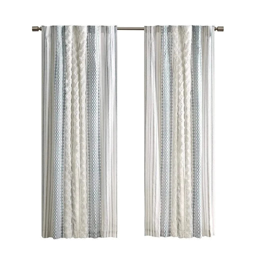 Cotton Printed Curtain Panel with Chenille Stripe and Lining White/Navy 50x84' Default -DTYStore