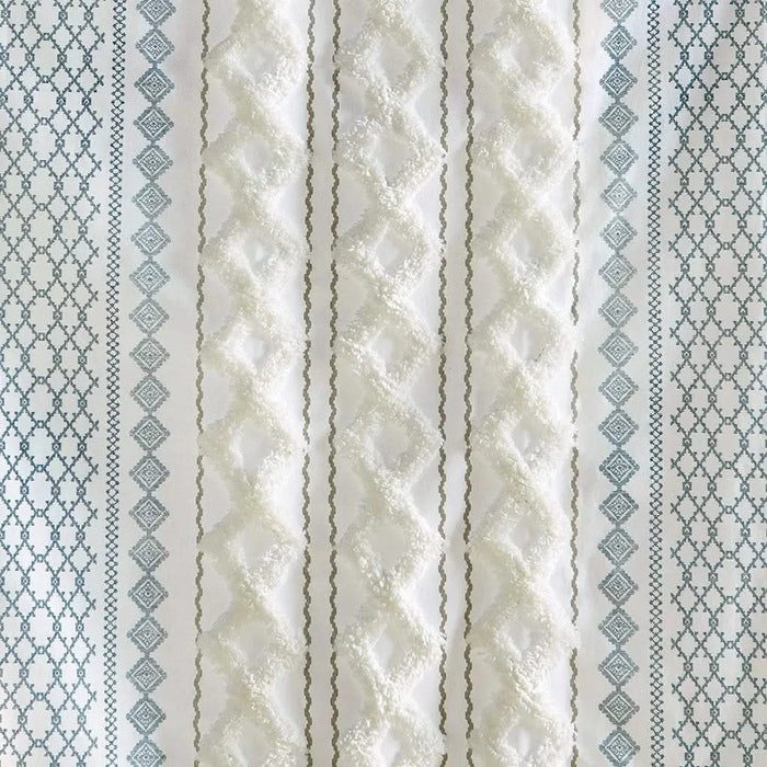 Cotton Printed Curtain Panel with Chenille Stripe and Lining White/Navy 50x95' Default -DTYStore