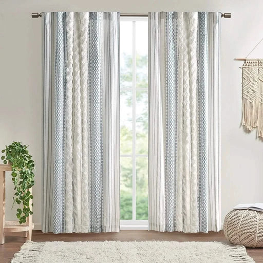 Cotton Printed Curtain Panel with Chenille Stripe and Lining White/Navy 50x95' Default -DTYStore