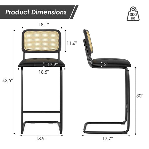 Counter Height Bar Stools Set of 2, Upholstered PU Leather Barstools with Rattan Back, 30 inch Stools Armless Bar Chairs for Kitchen Island, Black Default -DTYStore