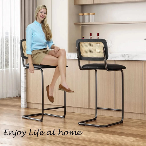 Counter Height Bar Stools Set of 2, Upholstered PU Leather Barstools with Rattan Back, 30 inch Stools Armless Bar Chairs for Kitchen Island, Black Default -DTYStore