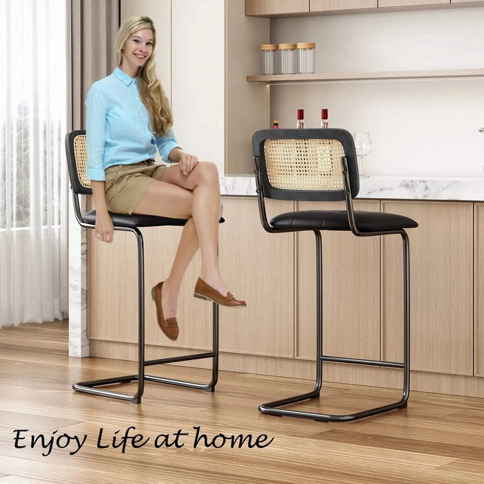 Counter Height Bar Stools Set of 2, Upholstered PU Leather Barstools with Rattan Back, 30 inch Stools Armless Bar Chairs for Kitchen Island, Black Default -DTYStore