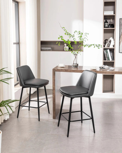Counter Height Swivel Bar Stools Set of 2, 360° Swivel Upholstered Barstools with Back and Metal Legs, 25.6' Seat Height,Counter Stools for Kitchen Island and Pub,Faux Leather,Grey Default -DTYStore
