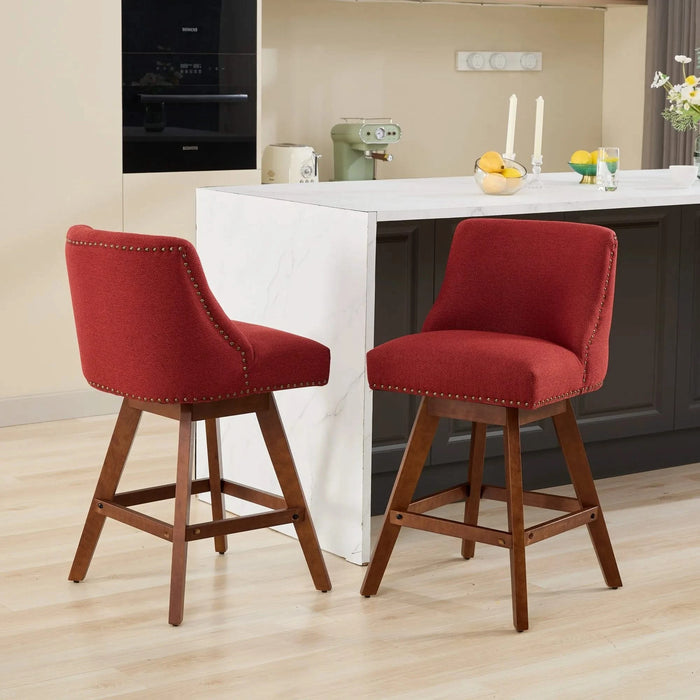 Counter Height Swivel Barstools, 26'' H Seat Height Upholstered Bar Stools Set of 2, Fabric in Wine Red Default -DTYStore