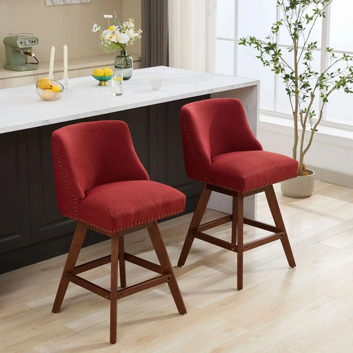 Counter Height Swivel Barstools, 26'' H Seat Height Upholstered Bar Stools Set of 2, Fabric in Wine Red Default -DTYStore
