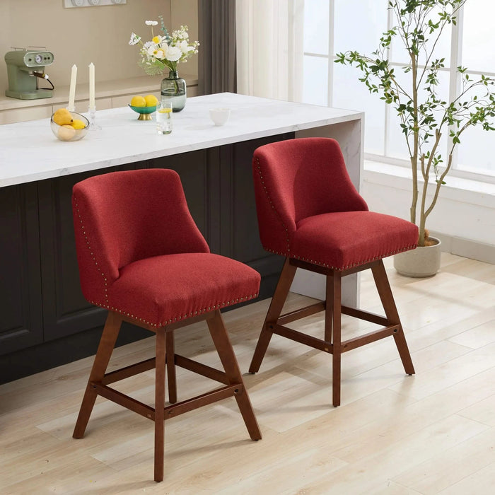 Counter Height Swivel Barstools, 26'' H Seat Height Upholstered Bar Stools Set of 2, Fabric in Wine Red Default -DTYStore