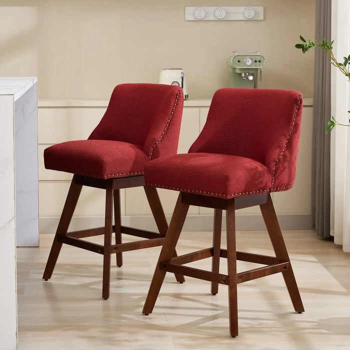 Counter Height Swivel Barstools, 26'' H Seat Height Upholstered Bar Stools Set of 2, Fabric in Wine Red Default -DTYStore