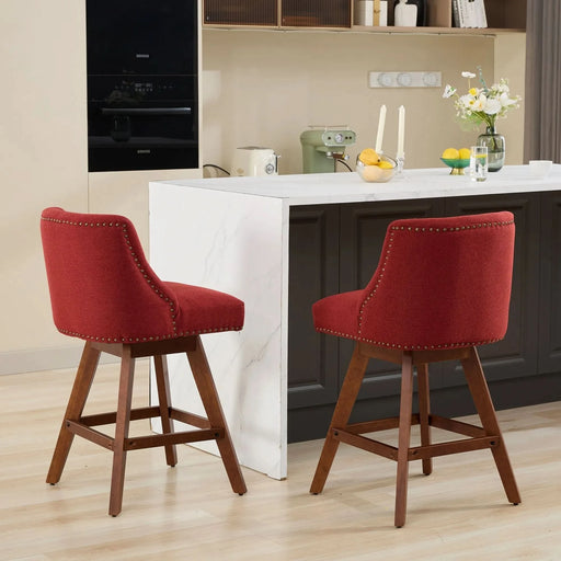 Counter Height Swivel Barstools, 26'' H Seat Height Upholstered Bar Stools Set of 2, Fabric in Wine Red Default -DTYStore