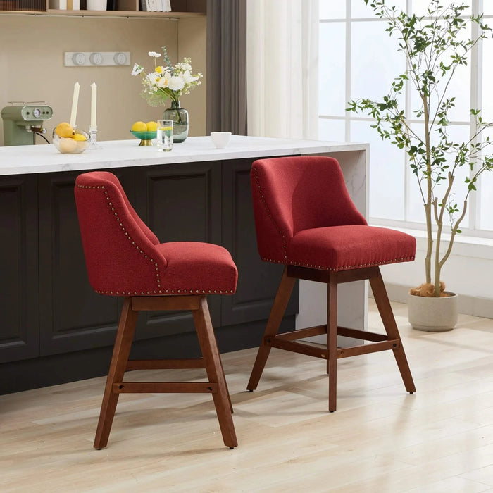 Counter Height Swivel Barstools, 26'' H Seat Height Upholstered Bar Stools Set of 2, Fabric in Wine Red Default -DTYStore