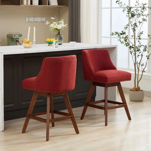 Counter Height Swivel Barstools, 26'' H Seat Height Upholstered Bar Stools Set of 2, Fabric in Wine Red Default -DTYStore
