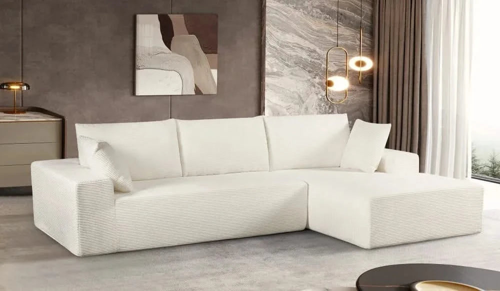 CozyForm Convertible Sectional Sofa in Soft Corduroy, Modern Comfy Couch with Full Foam Cushioning, Cozy Sleeper Sectional for Living Room, Bedroom, No Assembly Required, Ivory - Right Facing Default -DTYStore