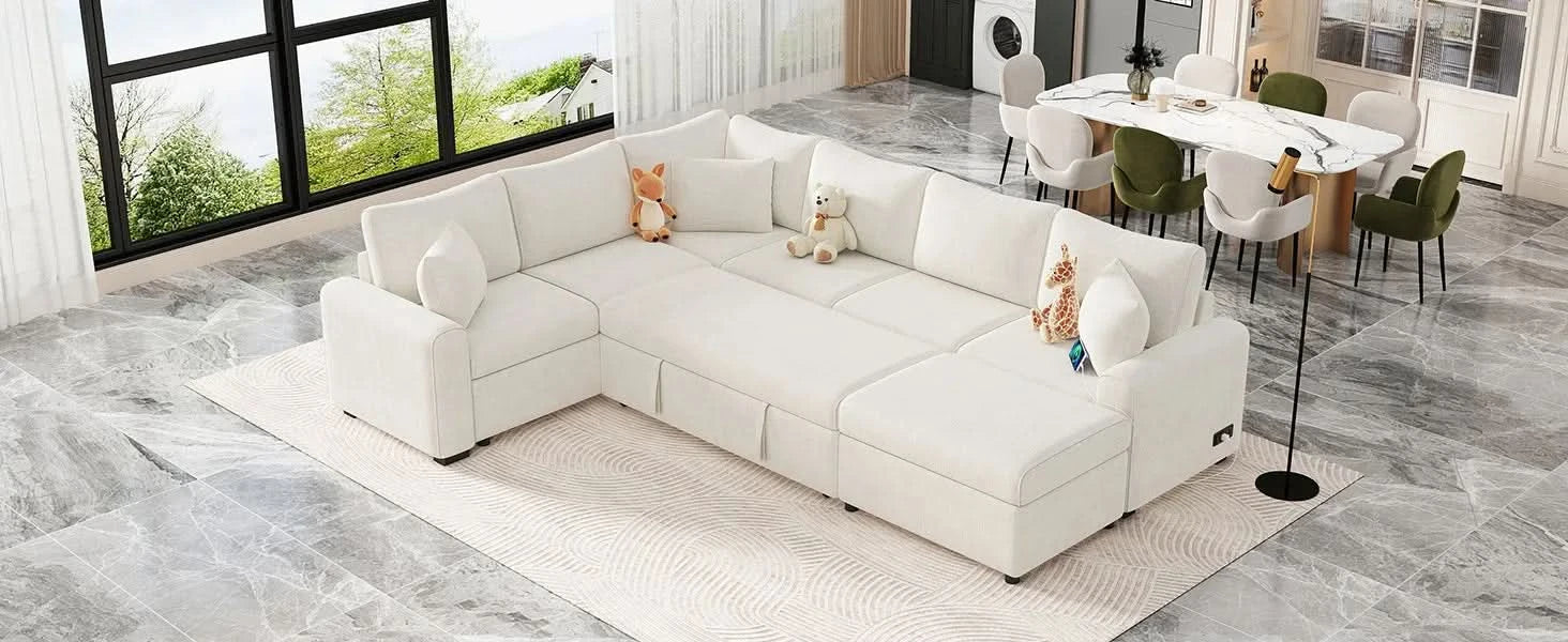 Cream Tweed Chenille Sectional Sofa with Pull-out Bed and Storage Ottoman, 112.2' for Living Room Default -DTYStore