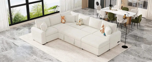 Cream Tweed Chenille Sectional Sofa with Pull-out Bed and Storage Ottoman, 112.2' for Living Room Default -DTYStore